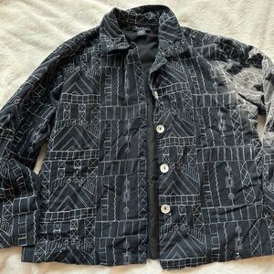 88%Cotton Geometric Embroidered Patterned Black Button-Up Shirt WestEnd L